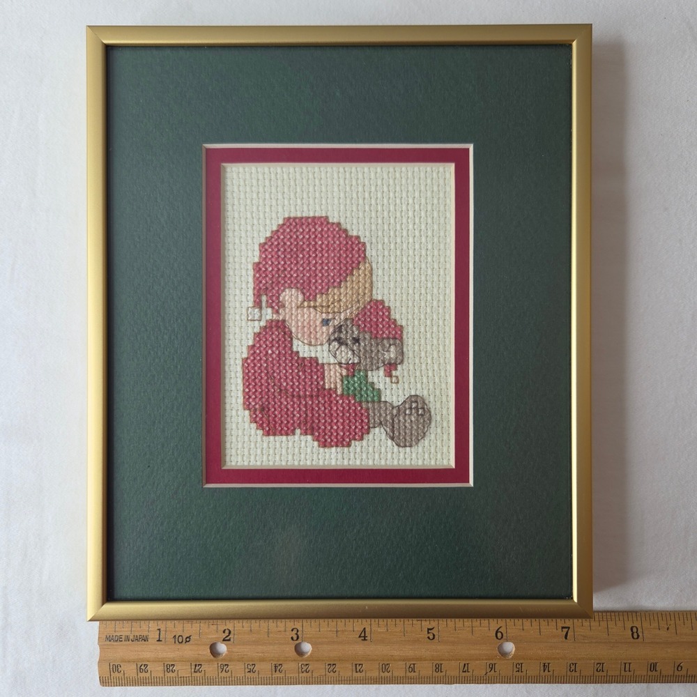 Precious Moments Cross Stitch Framed Art Child with Teddy Bear Gold Metal Frame